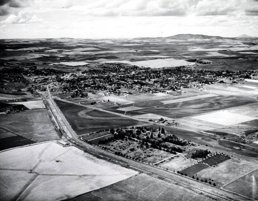Aerial view of Moscow, Idaho. Looking northwest with cemetery in foreground.