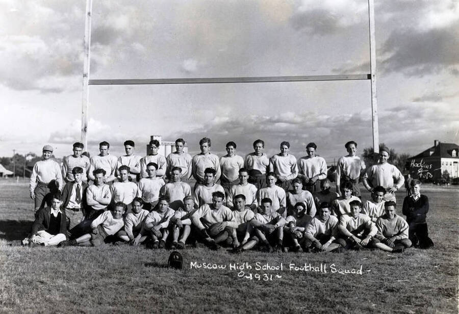 Group picture of Moscow High School football team.