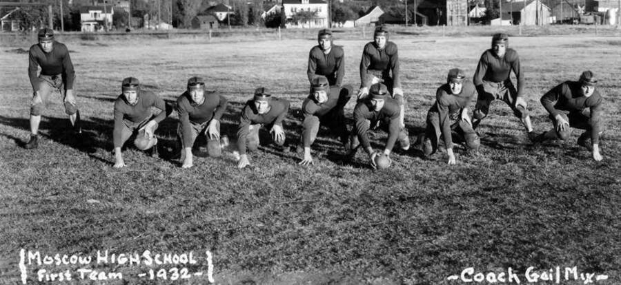 Football team at Moscow High School. Coach Gail Mix. Moscow, Idaho.