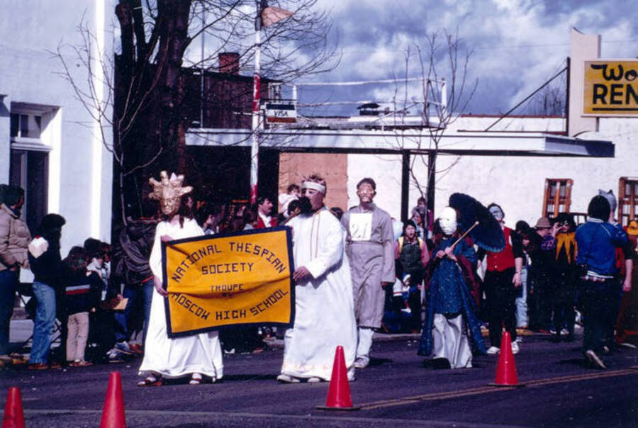 National Thespian Society troupe of Moscow High School. Mardi Gras parade. Moscow, Idaho.