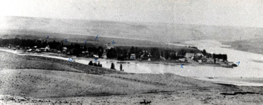 Taken from north side of Clearwater and showing confluence of the Snake and Clearwater Rivers. Buildings identified on back of mount