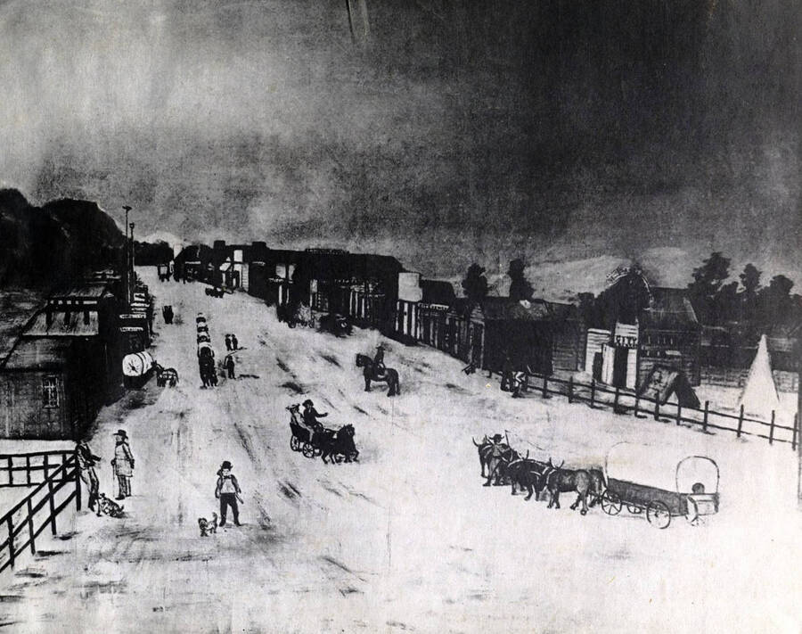 Picture made from painting of business section. Boise City, Idaho Territory.