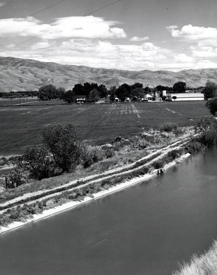 Ridenbaugh Canal in foreground; dairy buildings and home in background