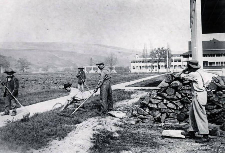 Boys working in yard. Fort Lapwai Indian Sanitarium. Idaho.