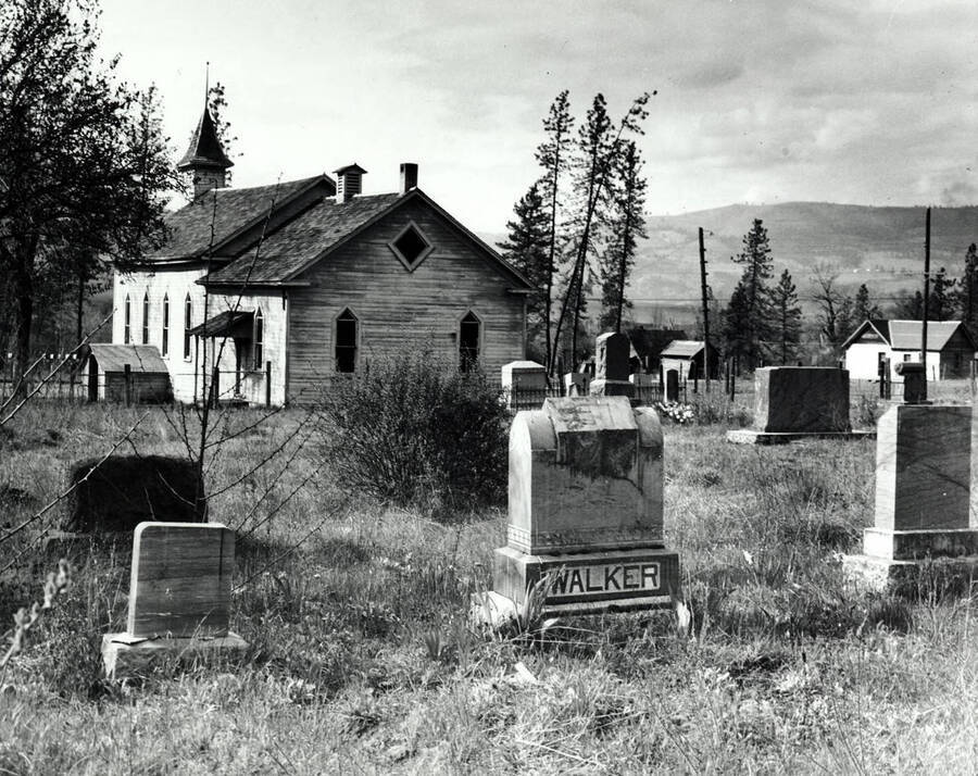 View of cemetery in back of Kamiah Presbyterian Church. Kamiah, Idaho.