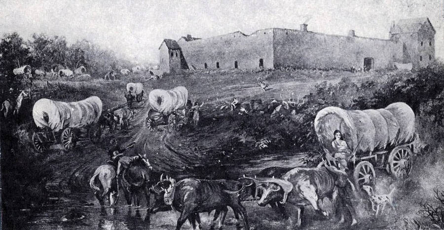 Reproduction of a painting of Fort Hall, Idaho.