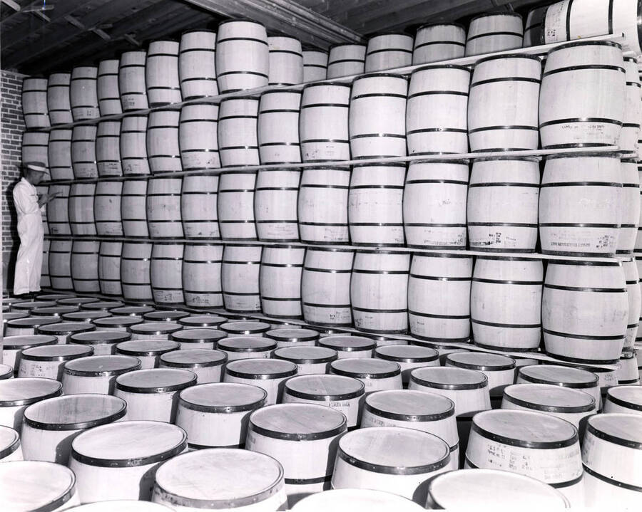 Barrels of powdered milk in Powdered Milk Warehouse. Caldwell, Idaho.