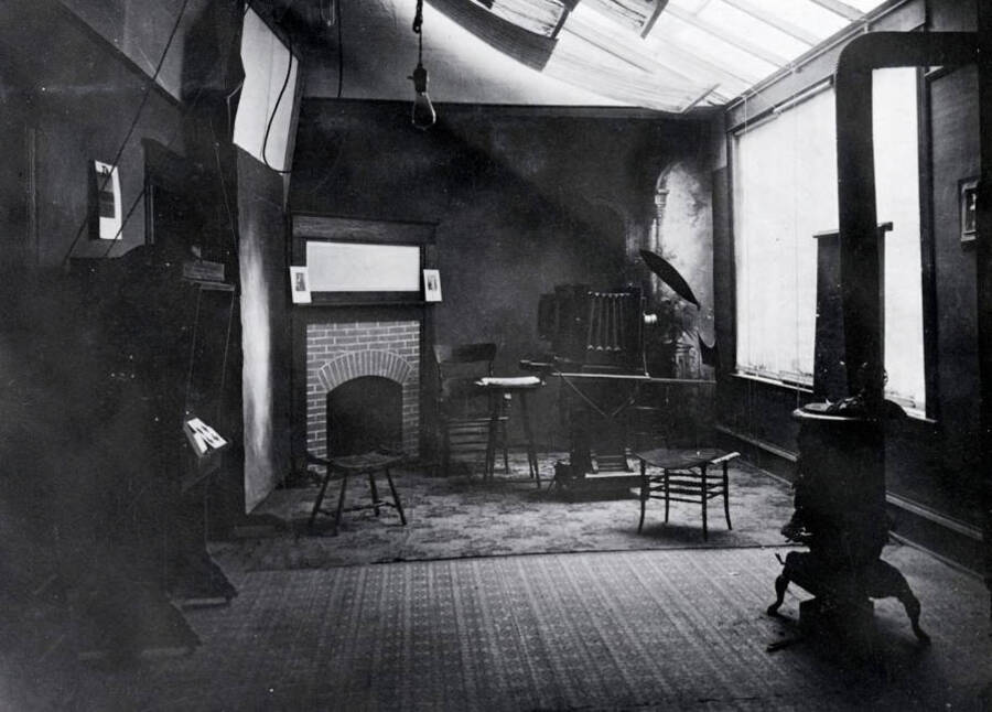 Interior showing camera and background props. Arthur M. and Frank W. Welchel, proprietors