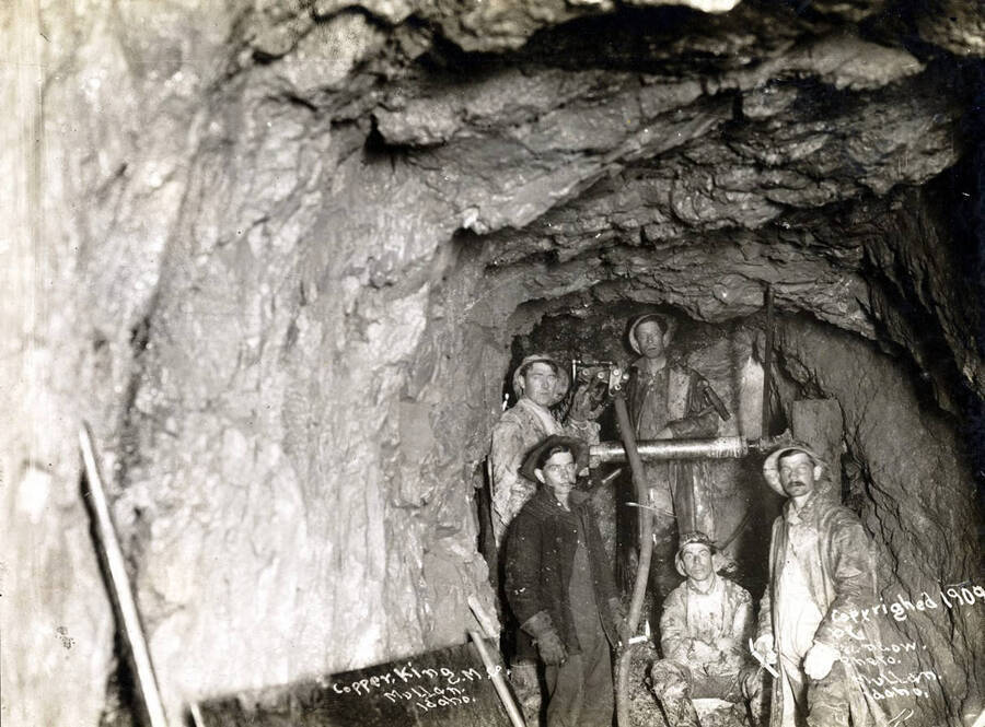 Underground drilling crew. Copper King Mining Company. Mullan, Idaho.