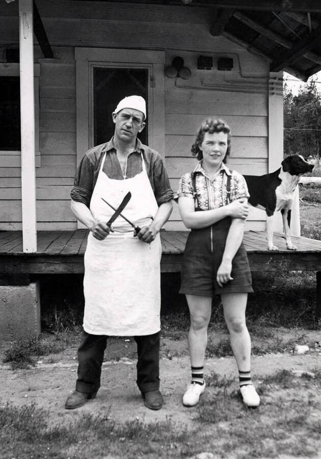 Pick' Ward wearing white apron and chef's cap and Kay Flores. Dixie, Idaho.