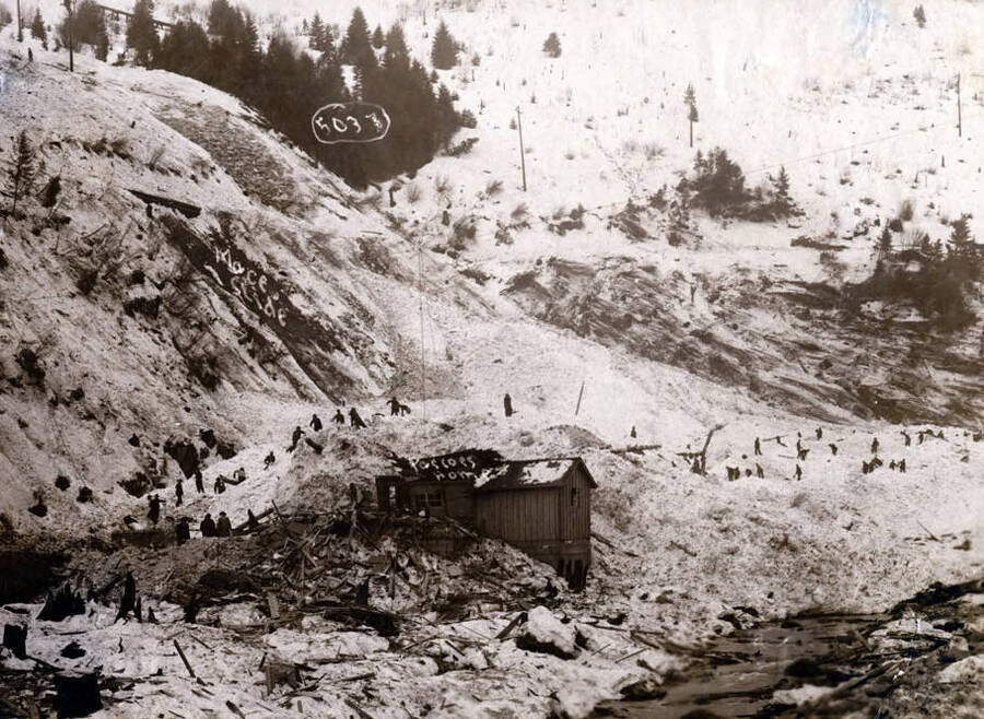 Digging out after the snowslide, Pascoe home in the foreground. Mace, Idaho.