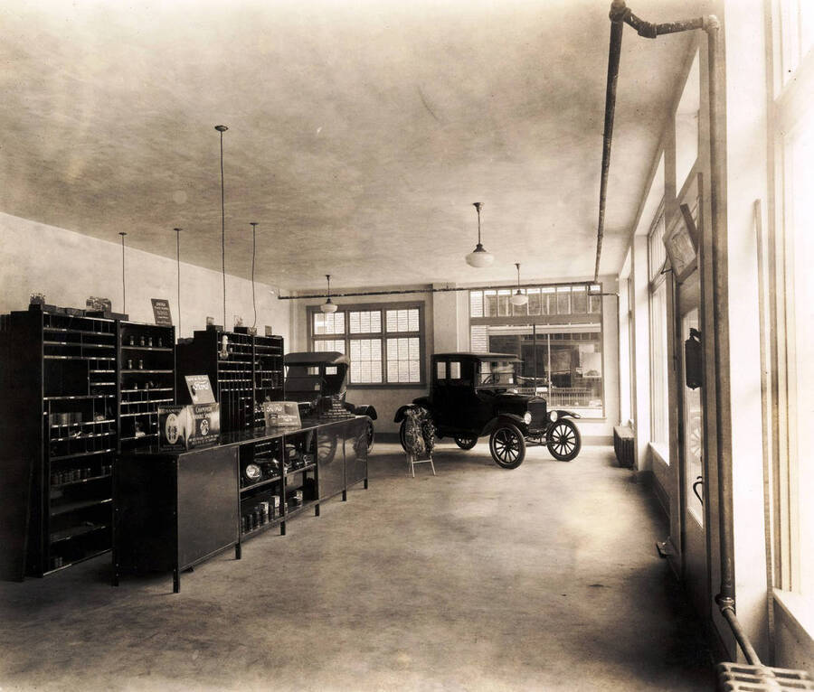 Interior of showroom. C.E. Haines Ford Garage. Wallace, Idaho.