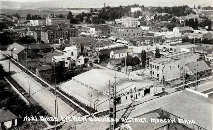 Postcard. Caption reads 'No. 21 Birds eye view business district. Moscow, Idaho.