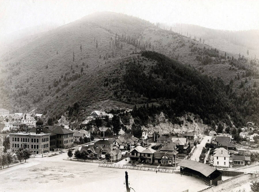 View of Wallace, Idaho showing schools in left foreground.