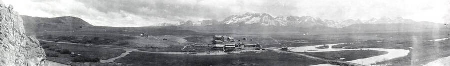 Copy print of panoramic view of old Stanley Hotel.  Stanley, Idaho.