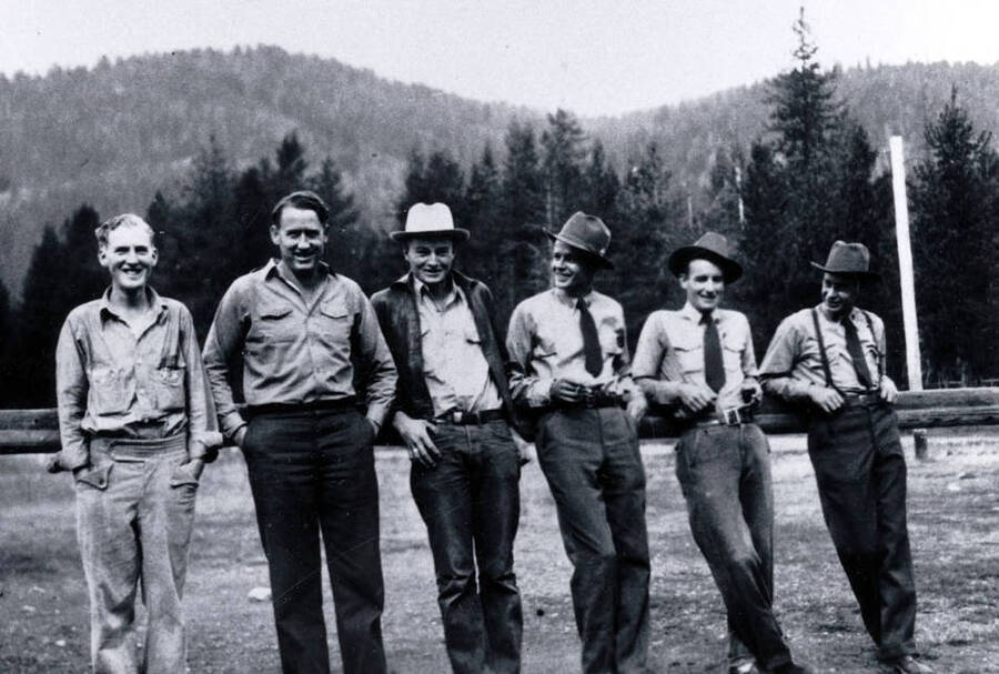 Dixie Ranger Station crew. L-R: Everett Knapp, Ranger Jim Kauffman, Louis Baldwin, L. Del Flores, Hugh Eminger, Jim Stinehouse.