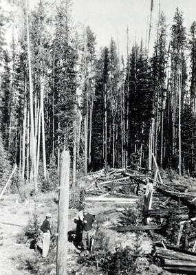 Showing what's left of tower, poles, etc. lying on ground. B. Hart, Higgins, and Thacker in foreground