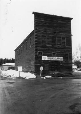 Bovill's Opera House with snow on the ground around it.