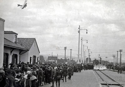 President Gray's special train arrives at new station. Celebration of coming of Union Pacific main line to Boise. Boise, Idaho.