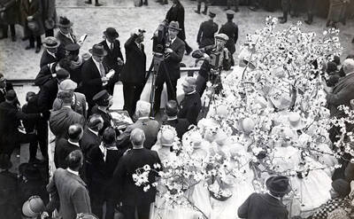 Identified: 1) 'Brakeman Rose Regan, 2) U.P. President Carl R. Gray, 3) Gov. C.C. Moore, 4) Boise mayor Eugene B. Sherman, 5) Howard V. Platt?, manager of Oregon Short Line Railroad