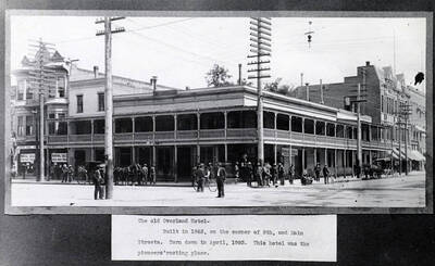 Overland Hotel (1863-1903) on corner of 8th and Main Streets. Boise, Idaho.