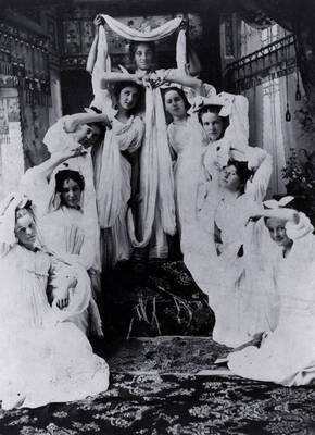 Pageant. L-R: Alice McDermond, Nora Nickel, Edna Johnson, Lilia? Shaffer, Irene Evens, Anna Maxey, Mable Sweet?, Bernice Day. Grangeville, Idaho.