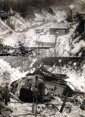 Pascoe home demolished by snowslide and view of Mace, Idaho.