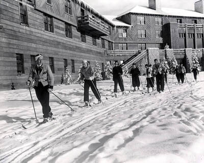 Ski class leaving lodge. Sun Valley, Idaho.