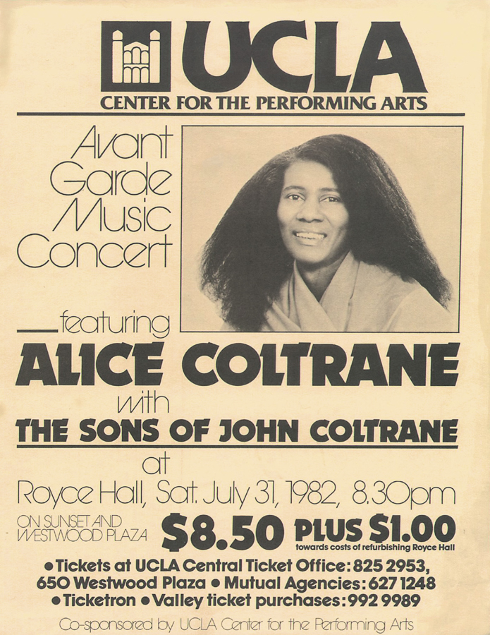 Poster from 1982 concert by Alice Coltrane and sons of John Coltrane. Fund raiser for refurbishment of Royce Hall. Approximately one week before the death of John Coltrane, Jr in a car accident.