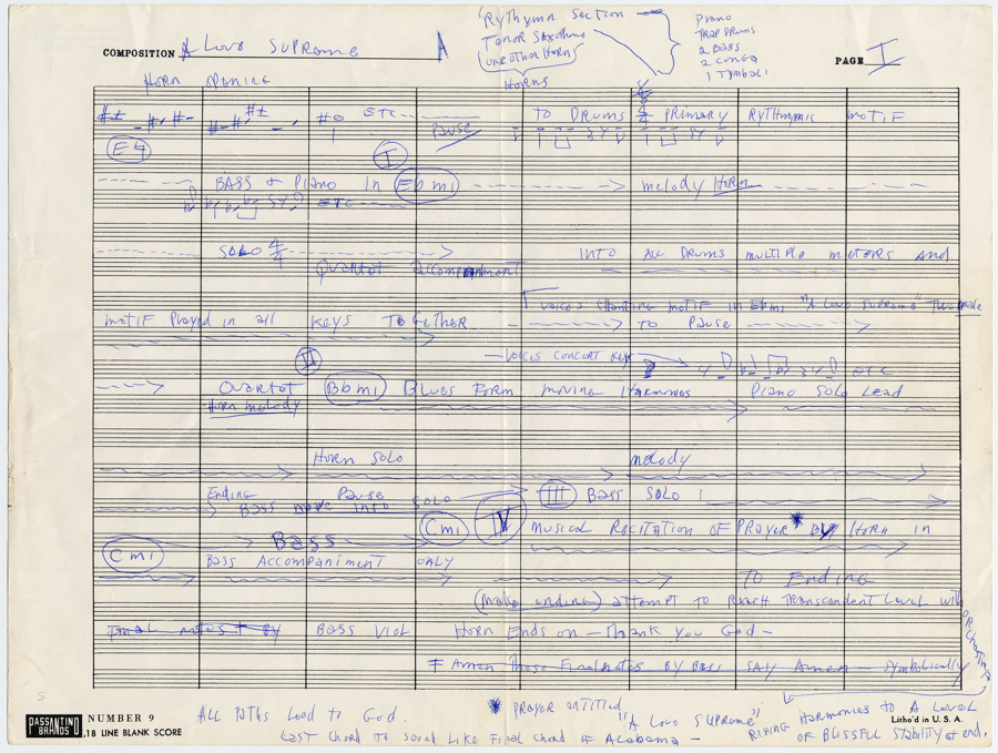 Page one of an original sketch for John Coltrane's 33-min piece, "Love Supreme"