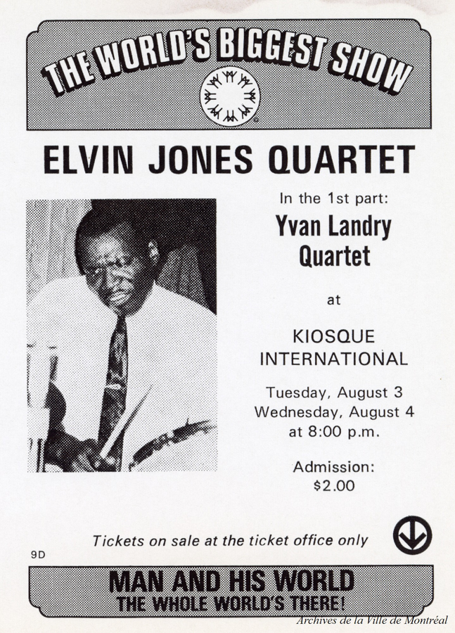 Poster for a concert at Kiosque International in Paris, France featuring the Elvin Jones Quartet, Aug 3 + 4, 1971