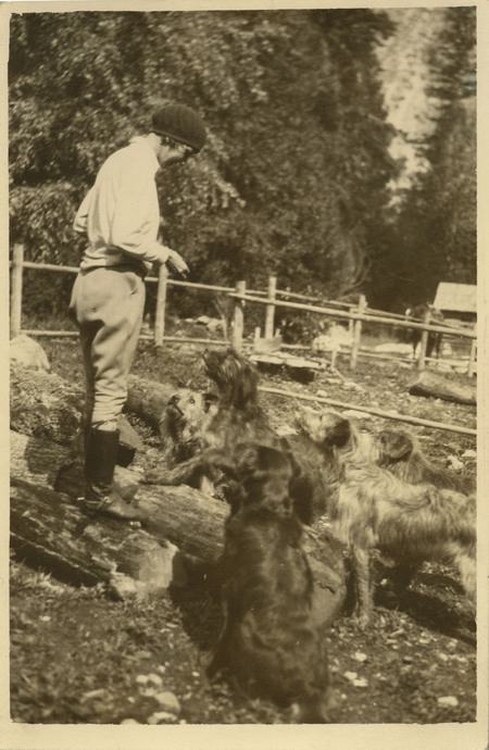 Thelma Page stands on top a log overlooking several attentive dogs.