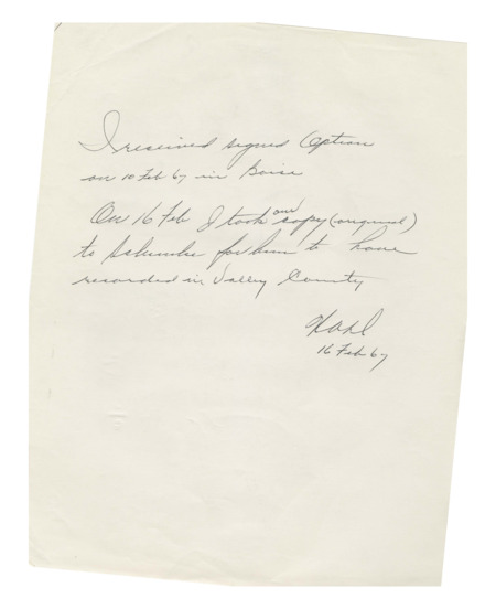 A message in handwritten cursive: "I received signed options on 10 Feb 67 in Boise..."