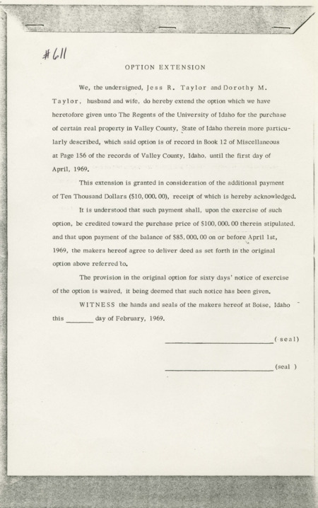 An unsigned option extension form from Jess R. Taylor and Dorothy M. Taylor to the regents of the University of Idaho.