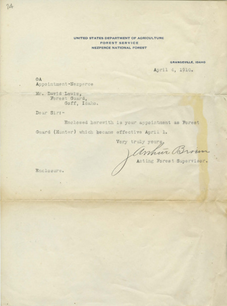 A letter to David Lewis about his appointment at Forest Guard (Hunter) becoming effective on April 1.