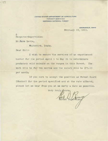 A letter proposing a Forest Guard (Hunter) position to Dave Lewis.