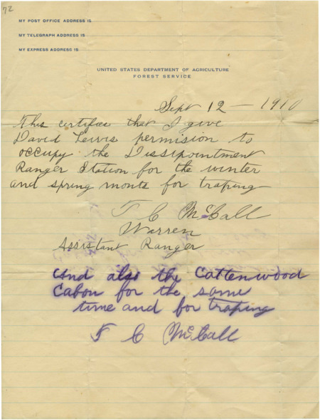 A letter certifying David Lewis to occupy a ranger station during winter and spring for trapping.