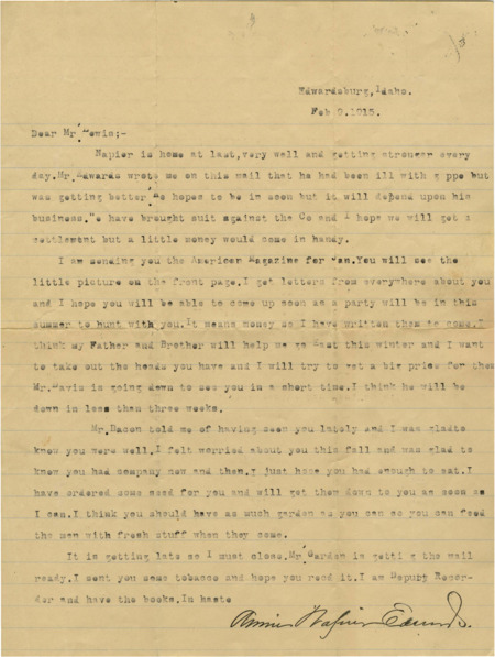 A letter to a Mr. Lewis on a future hunting trip, seasons, garden seed, and tobacco.