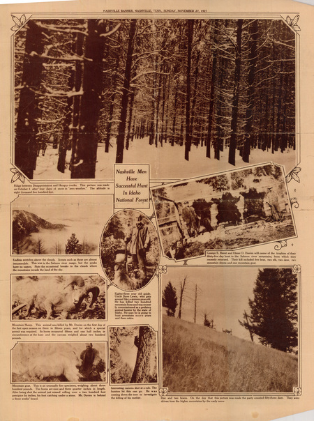 A newspaper article titled "Nashville Men Have Successful Hunt In Idaho National Forest" featuring various photos of Idaho's landscape and wild animals.