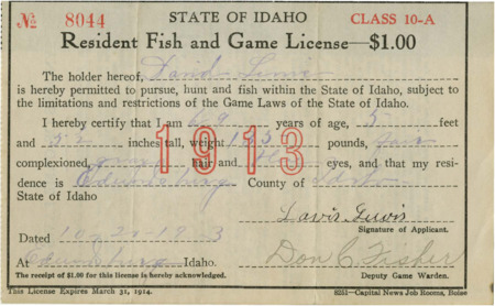 A 1913 Fish and Game license to David Lewis.