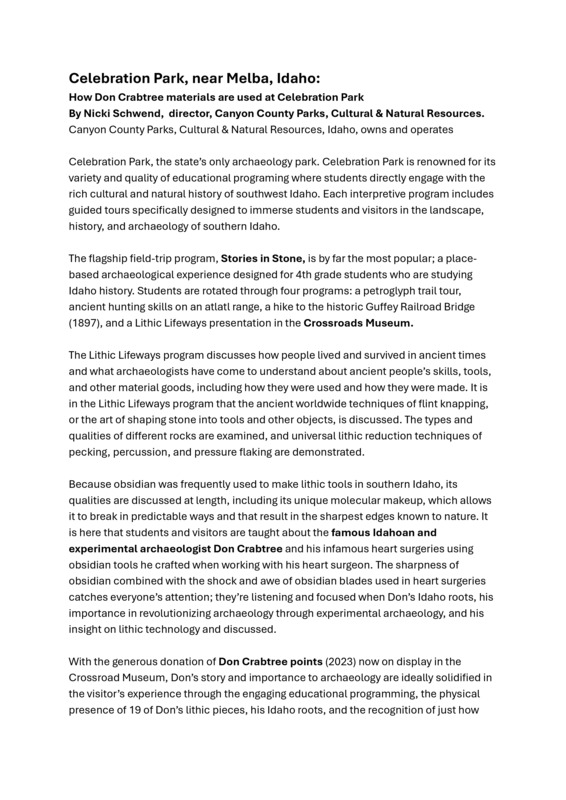 A description of Celebration Park, "Idaho's only archaeology park", including holdings of points created by Crabtree.