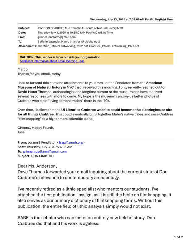 Email exchange between Crabtree descendent Julia Anderson and Lorann Pendelton of the American Museum of Natural HIstory