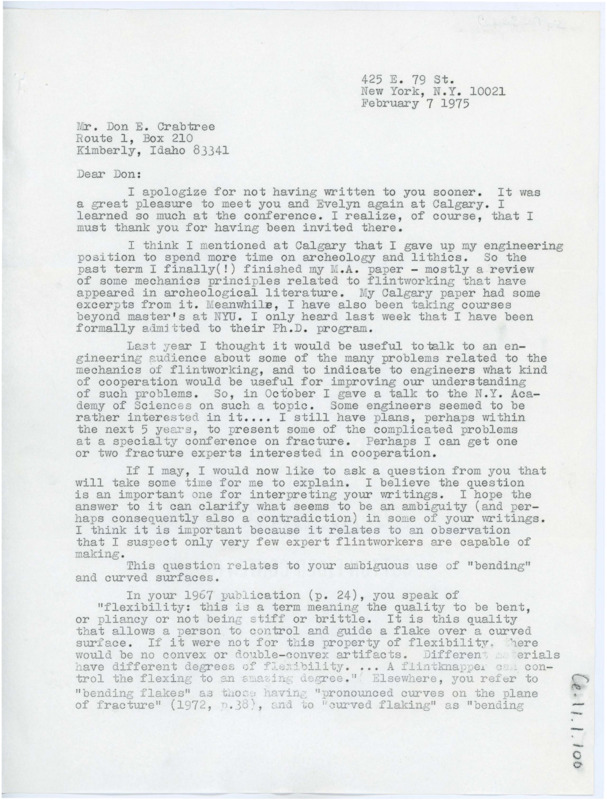 First page of a letter discussing Tsirk's change in career towards flintknapping and archaeology. He discusses his presentation on flintworking fracture to engineering students. He begins asking a question on the bending and curved surfaces in flintknapping.