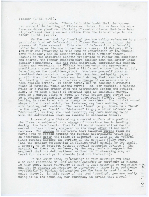 Second page of a letter explaining a question of bending and curved surfaces in flintknapping. He discusses a past paper of Crabtree's that covers a change in curvature in flake materials.