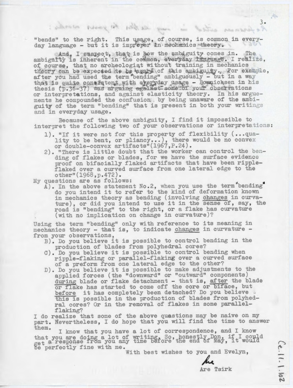 Third page of a letter explaining a question of bending and curved surfaces in flintknapping. Tsirk would like some ambiguity cleared up. He asks a series of questions about the bending of flake materials. The back includes citations.