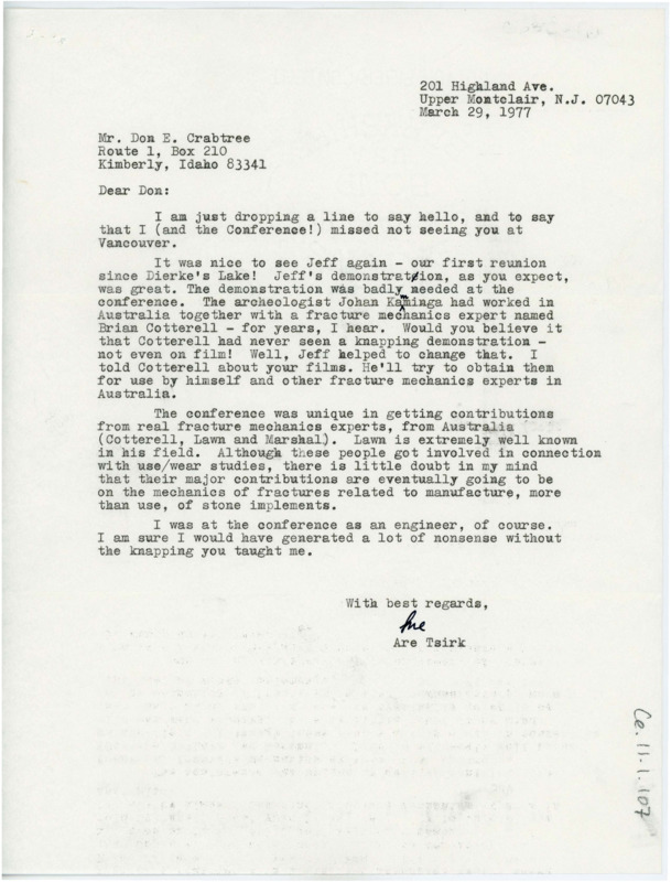 Letter discussing Tsirk's conference in which a flintknapping demonstration was a great success. He discusses who attended.