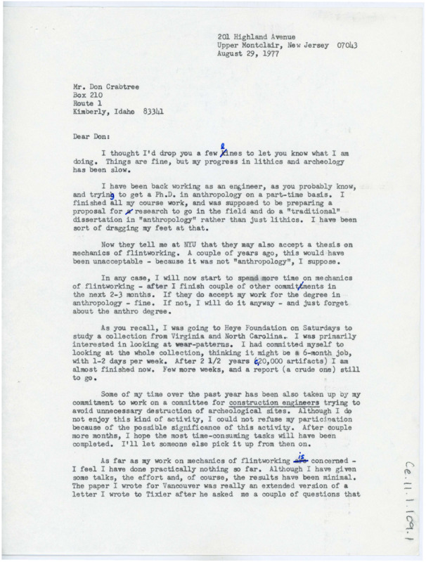 Letter discussing Tsirk's work on his Ph.D in anthropology, and volunteer work in archaeology and engineering. Tsirk discusses some papers of interest to Crabtree and his upcoming visit to Europe.