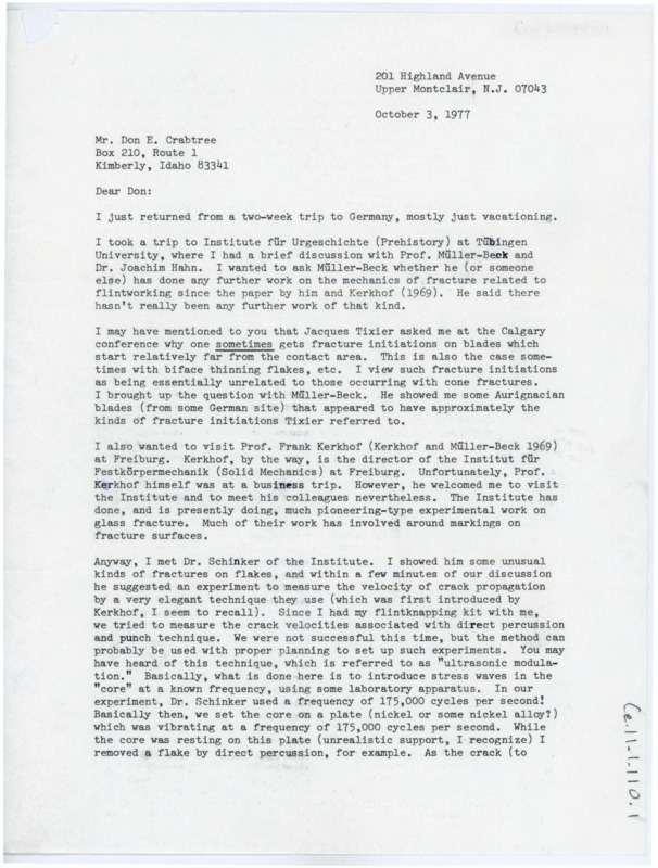 Letter discussing Tsirk's trip to Europe and visits with other archaeologists. He discusses his experiments on velocity of crack propagation with Dr. Schinker.