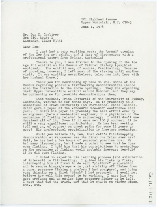 Letter discussing a ice age art exhibit, upcoming flintkworking demonstrations and Tsirk's recent work in flaking with Brain Cotterell. Includes drawings of the flaking.