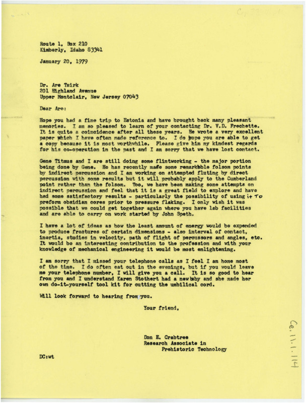 Letter discussing Crabtree's work in flintknapping and Folsom points. He discusses energy involved with producing fractures.